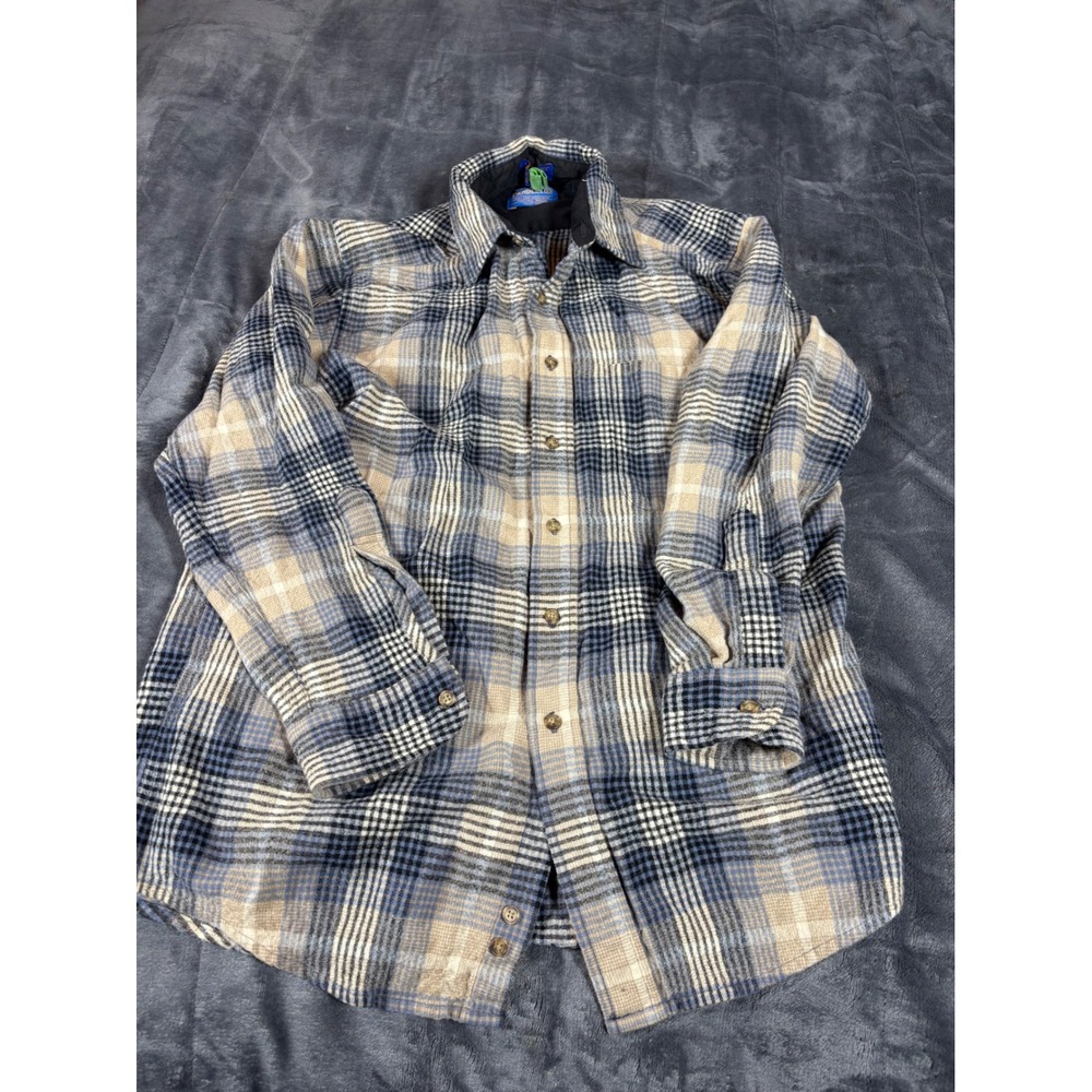 Pendleton Blue Tan Plaid Wool Button Down Shirt Mens Medium Machine Washable‎